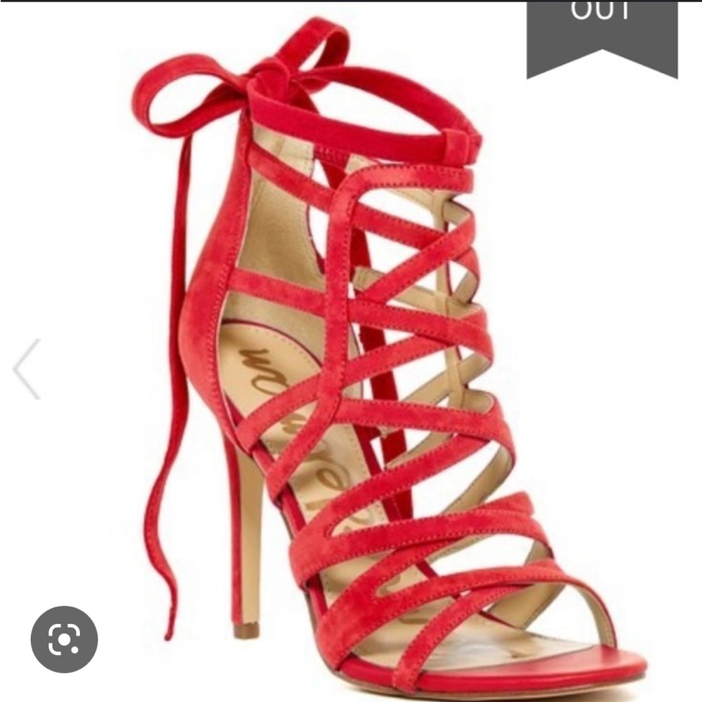 Sam Edelman Alba strappy cage sandals, Havana red suede, Size 7.5, 4” heel
